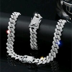 Silver Plated Miami Cuban Iced Out Bracelet Necklace Set Christmas Birthday NEW!